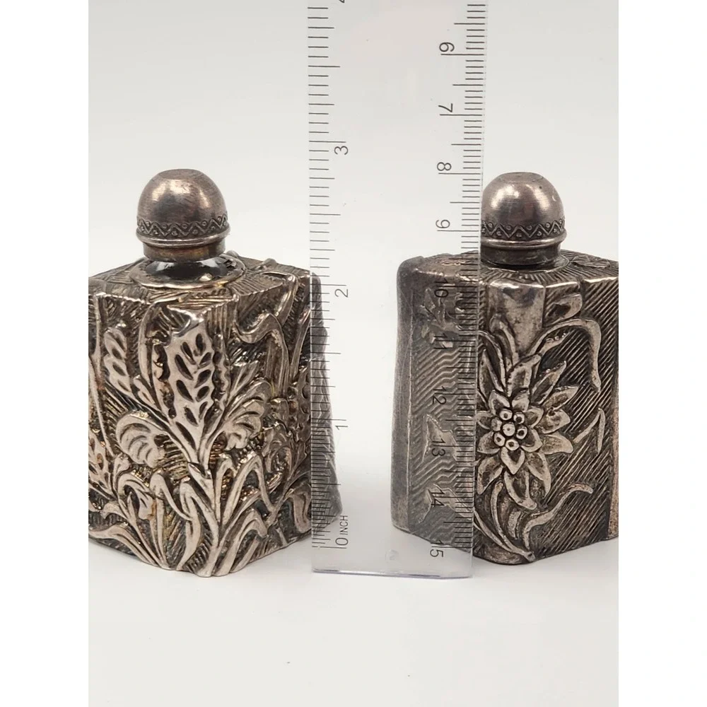 Vintage Silver Tone Repousse Floral Metal‎ Perfume Bottles Set of 2 Botanical - Picture 3 of 7